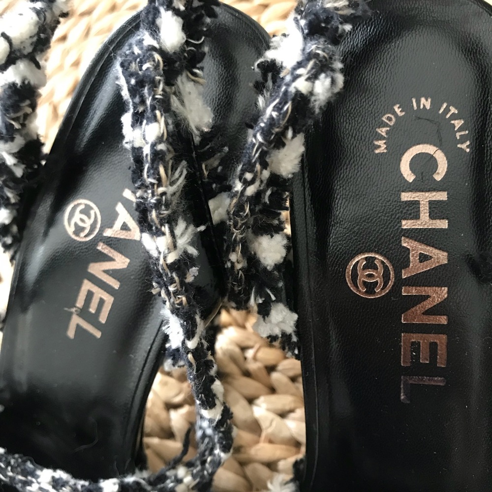 CHANEL Peep Toe Slingback Heels Tweed Ankle Strap - Picture 5 of 8